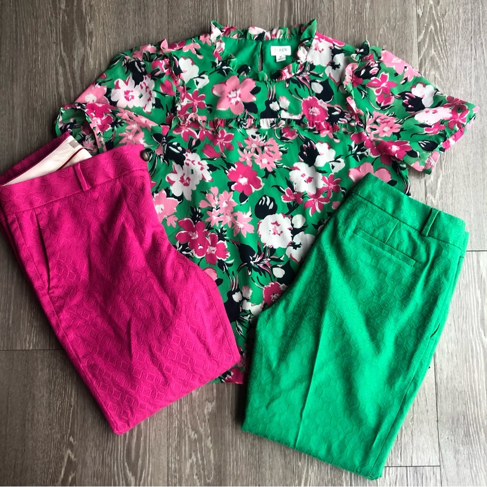 J.crew kelly green and hot pink ruffled floral blouse. Sz M - Picture 3 of 5
